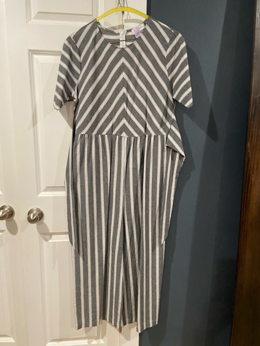 Gray and White Striped Tie-Waist Midi Jumpsuit - Picture 2 of 3